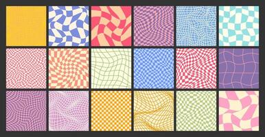 Groovy checkered pattern, colorful distorted tiled grid. Vintage wavy curved backdrop, distortion effect. Funky geometric chessboard texture, retro background in 90s style, y2k. illustration vector