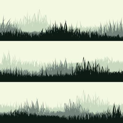 Meadow silhouettes with grass, plants on plain. Panoramic summer lawn landscape with herbs, various weeds. Herbal border, frame. Nature background. Green horizontal banner. illustration