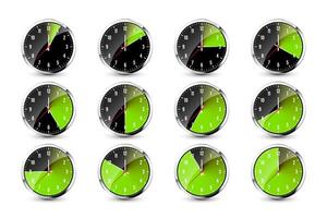 Wall clock, stopwatch icons. Shiny metal chronometer, time counter with dial. Green countdown timer showing minutes and seconds. Time measurement for sport, start and finish. illustration vector