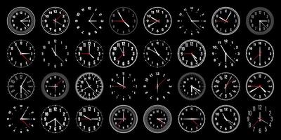 Mechanical clock faces with hands, bezel. Watch dial with minute, hour marks and numbers, arabic numerals. Timer or stopwatch element. Measuring circle scale with divisions. illustration vector