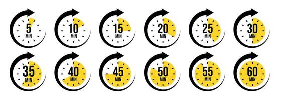 Stopwatch icons with pointer arrow. Colorful chronometer, time counter with dial. Countdown time, hours and minutes. Deadline, sport measurement. Cooking time label, sticker. illustration vector