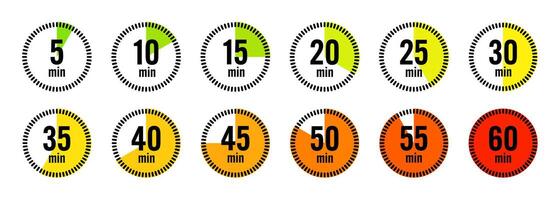 Simple stopwatch icons. Colorful chronometer, time counter with dial. Countdown timer showing hours and minutes. Deadline, measurement for sport. Cooking time label, sticker. illustration vector