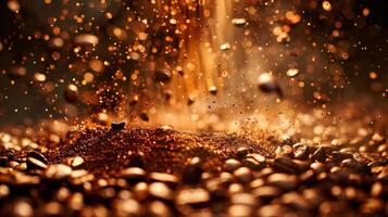 Coffee powder and coffee beans explosion flying in the air, coffee splash photo