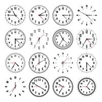 Mechanical clock faces with hands, bezel. Watch dial with minute, hour marks and numbers, arabic numerals. Timer or stopwatch element. Measuring circle scale with divisions. illustration vector