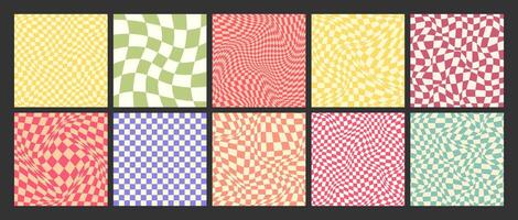 Groovy checkered pattern, colorful distorted tiled grid. Vintage wavy curved backdrop, distortion effect. Funky geometric chessboard texture, retro background in 90s style, y2k. illustration vector