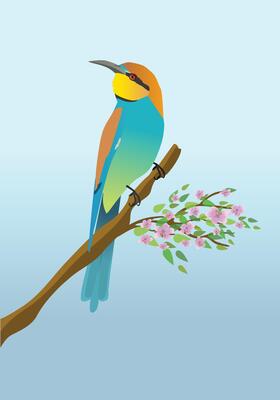 A digital illustration of a European bee eater. The bird is perched on a branch with some pink blossom and green leafs.