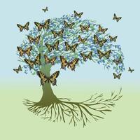 A tree of life, also called yggdrasil, with swallowtail butterflies in the crown. The roots of the tree are visible. vector