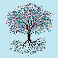 An illustration of a tree of life with abstract round rainbow colored flowers. Also yggdrasil. The trunk is dark green and the background color is soft blue vector