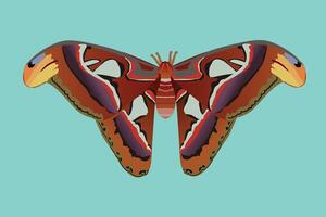 A digital illustration of an atlas moth. The insect is cut out on a blue background. The Atlas moth is one of the largest lepidopterans, with a wingspan measuring up to 24 cm. vector