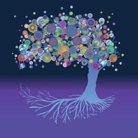 A blue tree of life or yggdrasil with round gradient flowers. The tree is in blue tints. The background is a dark blue and purple gradient. vector