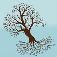 A tree of life in winter with an empty crown and roots. The background is icy blue vector