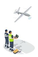 UAV unmanned system engineer test flight aerial robot airplane dron for scaning forecast isometric isolated industrial concept illustration vector