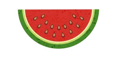 A vibrant red watermelon slice in flat style isolated on white. Greeting card celebrating watermelon day. Vintage banner with grunge texture. vector