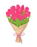 Bouquet of pink tulips in decorative paper with a satin ribbon. A charming gift with flowers for Valentine's Day, Mother's Day, or to show appreciation. Design element for greeting card, invitation. vector