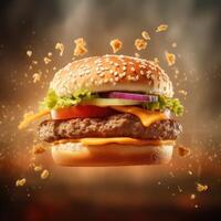 Closeup of a burger made with beef, cheese, and vegetables. Hamburger on the air with small pieces of crunchy chips splash behind, isolated on blurred background. photo