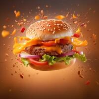 Delicious burger on air with spice splash background. Square format. Copy space for text. photo