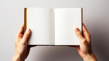 Blank page of the book in woman hands photo