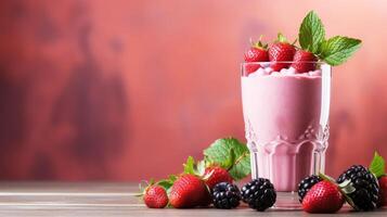 Glass of fresh strawberry and blackberry smoothie on wooden table photo
