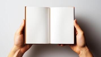 Blank page of the book in hands. photo