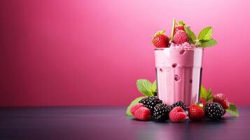 Refreshing raspberry and blackberry smoothie in glass on pink background. photo