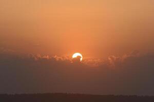 The solar disk. The setting sun in a cloud over the forest. photo