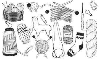 Set with knittings elements. Yarn, knitting needles, wool, knitted socks, alpaca, pins, etc. vector