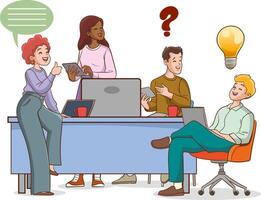 Business People Discussing Ideas at Board Meeting in Office. Brainstorming Team Concept. Teamwork Project Development Process. Cartoon Illustration vector