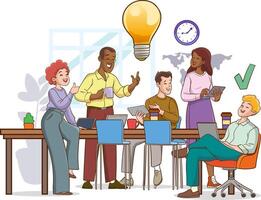 Business People Discussing Ideas at Board Meeting in Office. Brainstorming Team Concept. Teamwork Project Development Process. Cartoon Illustration vector