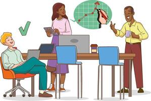 Business People Discussing Ideas at Board Meeting in Office. Brainstorming Team Concept. Teamwork Project Development Process. Cartoon Illustration vector