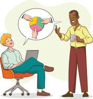 Business People Discussing Ideas at Board Meeting in Office. Brainstorming Team Concept. Teamwork Project Development Process. Cartoon Illustration vector