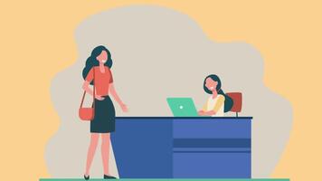 Female Customer Standing At Reception Desk And Talking To Female Receptionist 2D Cartoon Animation video
