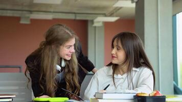 Two students doing homework together and helping each other sitting in a table at university. Preparing to the exams video