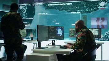 Cloud computing expert using new technology AI brain to learn intelligence for national defense missions, operating laptop to gather information from cctv systems. Neural network. Camera B. video