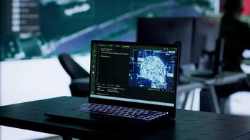 Military personnel working next to AI brain neural network in a command post with a North Korea flag on big screen. IT engineer employing deep learning to spread misinformation for scams. Camera A. video