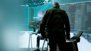 Officer managing surveillance cctv system with data analysis and processing, gathering real time intelligence for strategic military operations. Successful secret service defense mission. Camera A. video