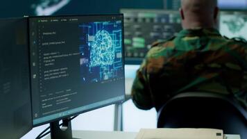 Cybersecurity expert oversees intelligence gathering through AI brain visualization and neural network, algorithms to collect real time data from surveillance systems. Digital science. Camera A. video