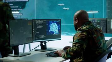 Cloud computing expert using new technology AI brain to learn intelligence for national defense missions, operating laptop to gather information from cctv systems. Neural network. Camera A. video