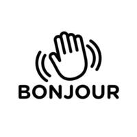 Bonjour text with hand wave icon linear logo mark in black and white vector