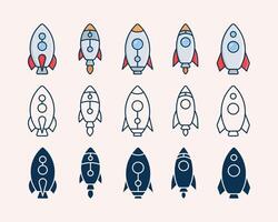 A set of simple spacecraft and rocket illustrations with outline and field variations vector