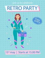 A4 poster with a girl with a retro-style tape recorder. vector