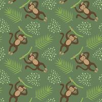 Funny monkey on a green background with leaves and dots. vector