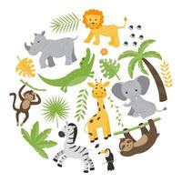 Children's background. Jungle animals and plants in a circle. vector