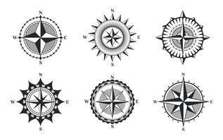 Compass retro emblems. Navigation compass wind rose retro map signs, cartography, journey and adventure symbol. Monochrome outline vintage maritime compasses navigational icons set vector