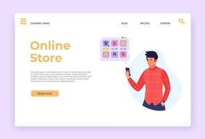 Online shopping landing page. Website design for internet shopping with smartphone app, modern online store ui. E-commerce site template vector