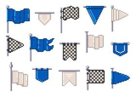 8-bit flag pixel icons. Retro pixel flags icon wavy banner and pole, old school game flat style, vintage 8 bit retro flagpole with pennant. 8-bit flag pixel icons isolated set vector