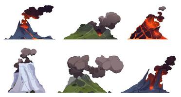 Volcanoes. Mountains eruption with fire lava explosion with smoke. Volcanic magma flow element for computer game landscape. Volcano isolated elements vector
