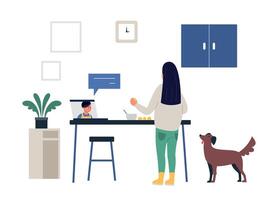 Cooking online tutorial. blog on monitor display. Food blogger tells how to cook a dish. Chef teaches cooking new recipe. Female follower study prepare food. tutorial. Flat concept vector