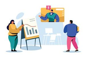Business team working on project together, illustration. Set of company office scenes, men and women interacting and communicating. Business project teamwork, creative workspace concept set vector