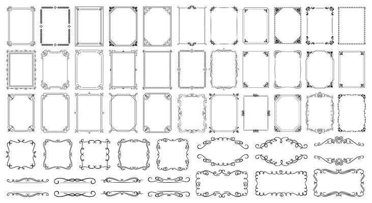Vintage calligraphic frames. Ornate calligraphy frame, retro elegant ornamental borders, filigree floral ornaments for framed certificate template. Isolated decorative Victorian dividers set