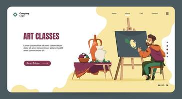 Art class landing page. Painter with brush drawings still life on canvas cartoon colorful concept. Drawing creative materials illustration for workshops designs vector